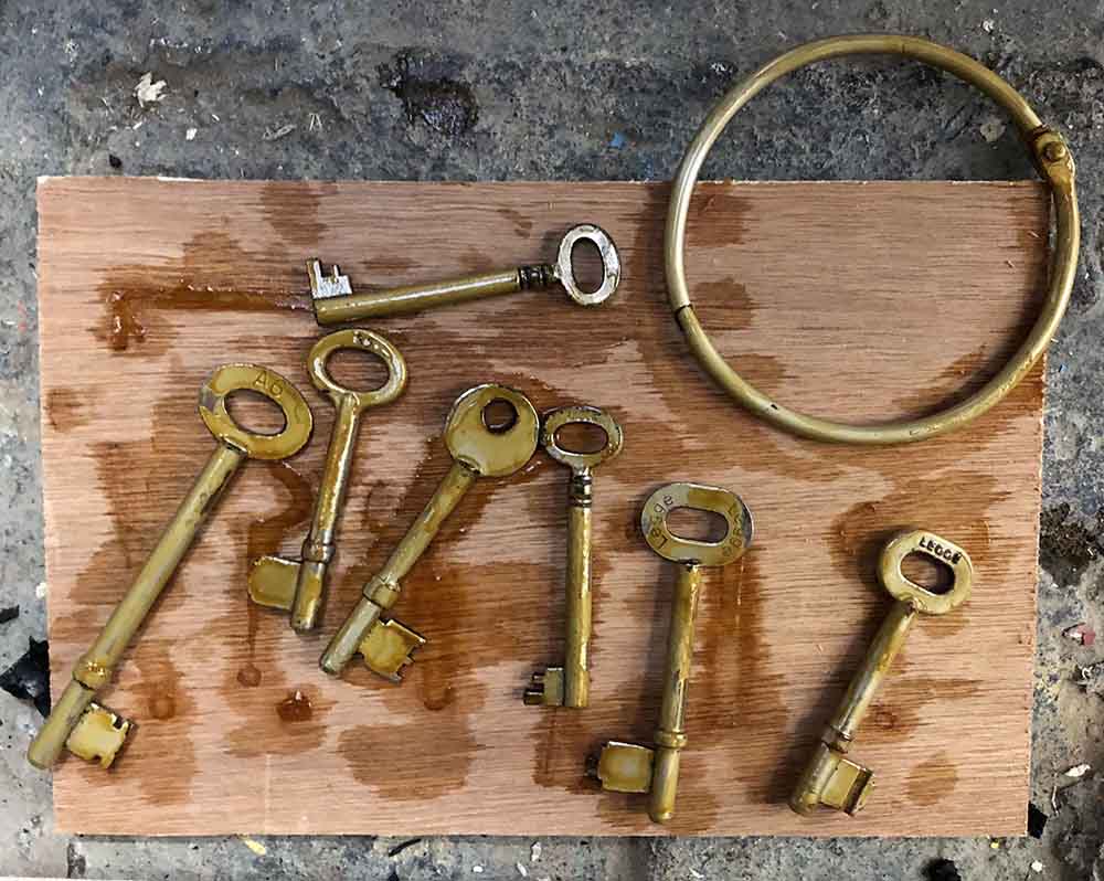 'She Stoops to Conquer', 2019<br/>Prop making<br/>Set of old keys - the process