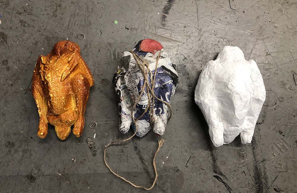 'She Stoops to Conquer', 2019<br/>Prop making<br/>Roasted pigeons - the process