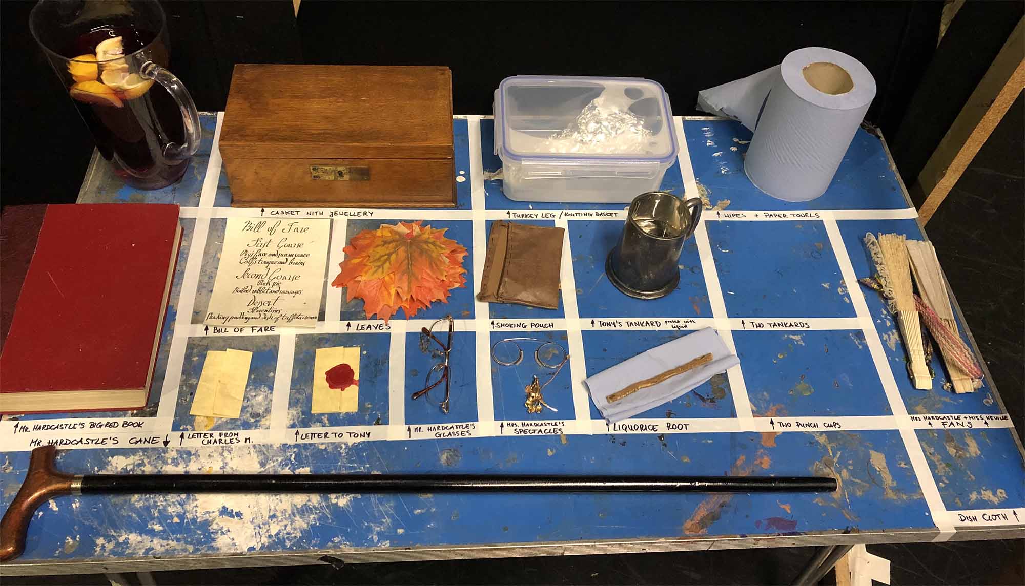 'She Stoops to Conquer', 2019<br/>Prop making<br/>Backstage right prop table