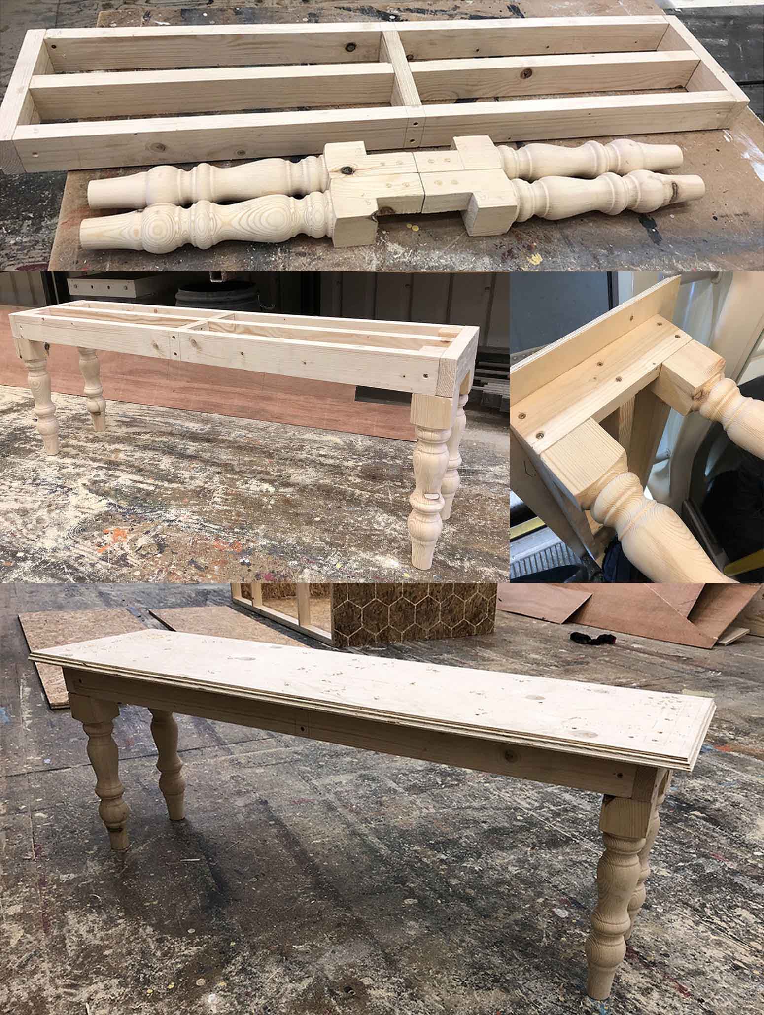 'She Stoops to Conquer', 2019<br/>Prop making<br/>Stages of construction of a wooden bench