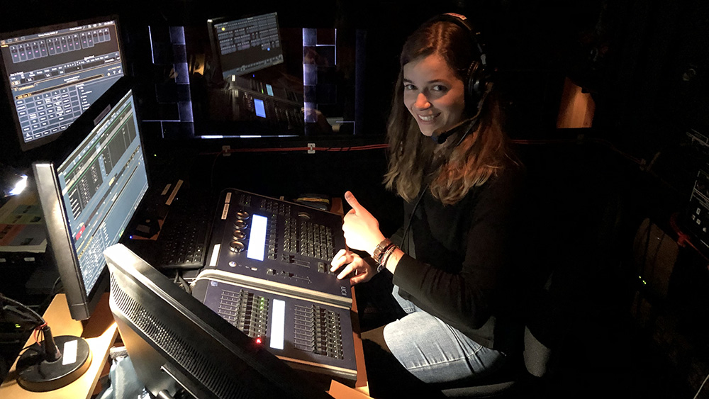 'Serious Money', 2019<br/>Set Design: Adrian Gee<br/>Lighting Design: Oliver Simkin<br/>Ola at the lighting desk before the final performance