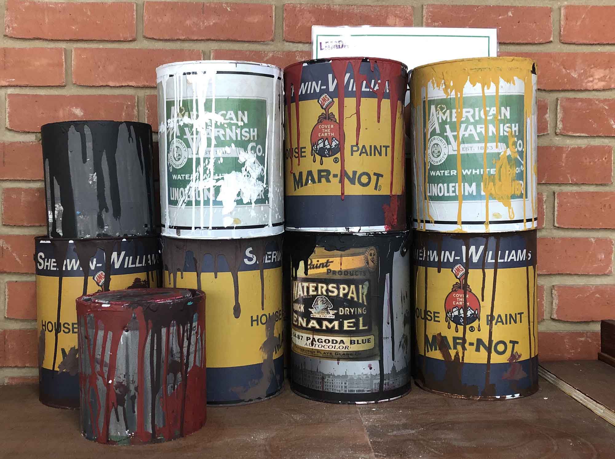 'RED', 2019<br/>Prop making<br/>1950s paint cans